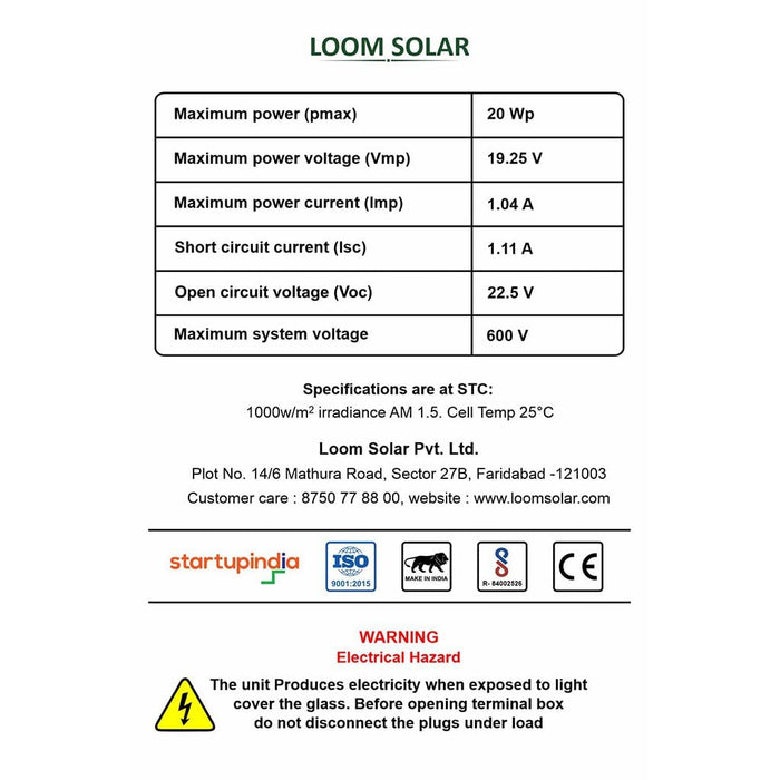 Loom Solar Panel 20 watt - 12 volt for Small Battery Charging