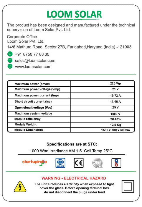 Loom Solar Panel 225 watt / 12 volt  Mono Perc