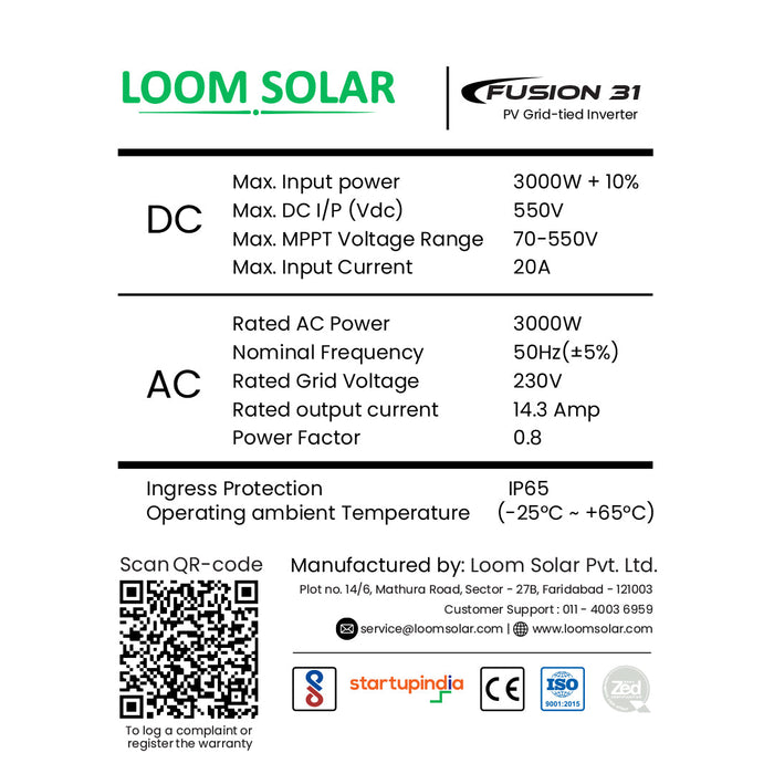 Fusion 3 kw, 1 ø  on grid solar inverter