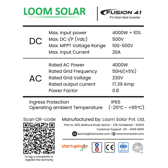 Fusion 4 kw, 1 ø  on grid solar inverter