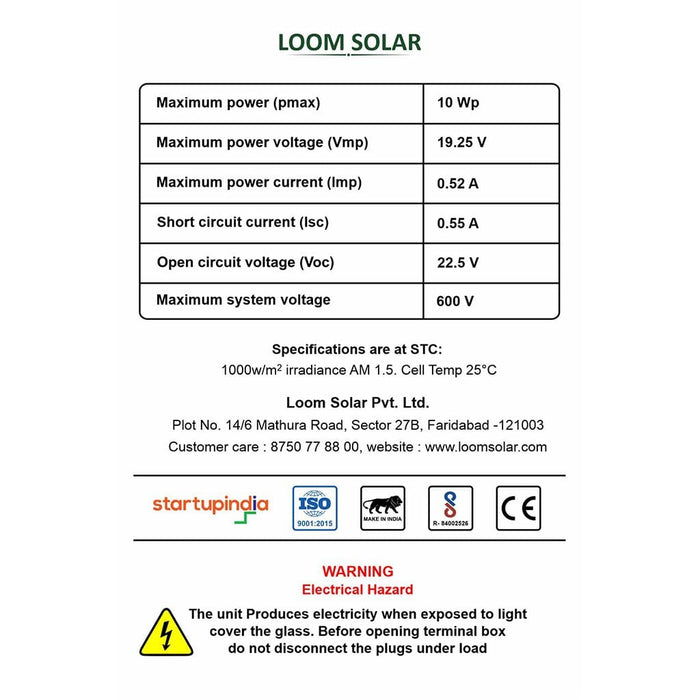 Loom Solar Panel 10 watt - 12 volt for Mobile Charging